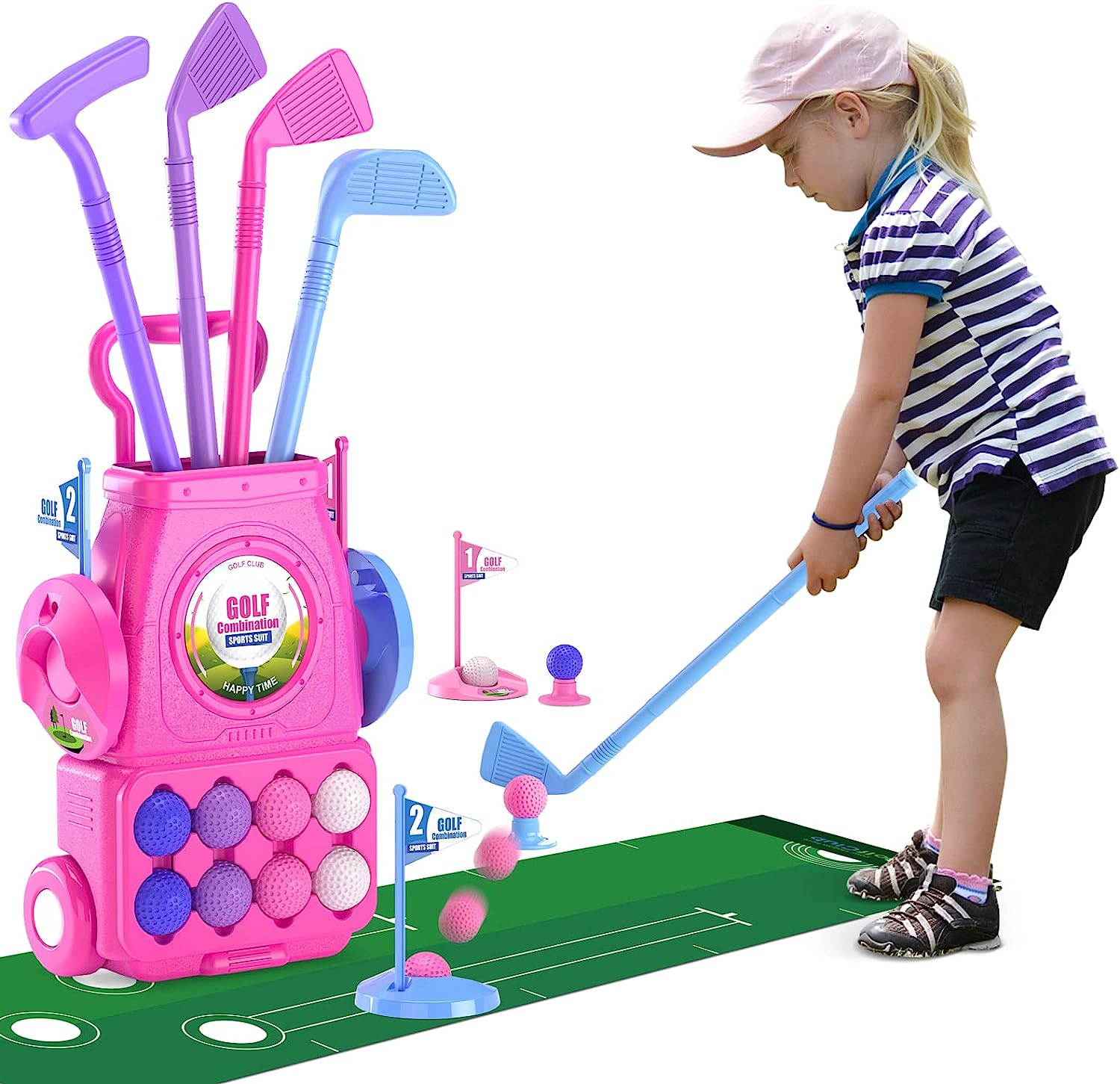 Kids Indoor Outdoor Cart - Różowy zestaw do golfa dla dzieci